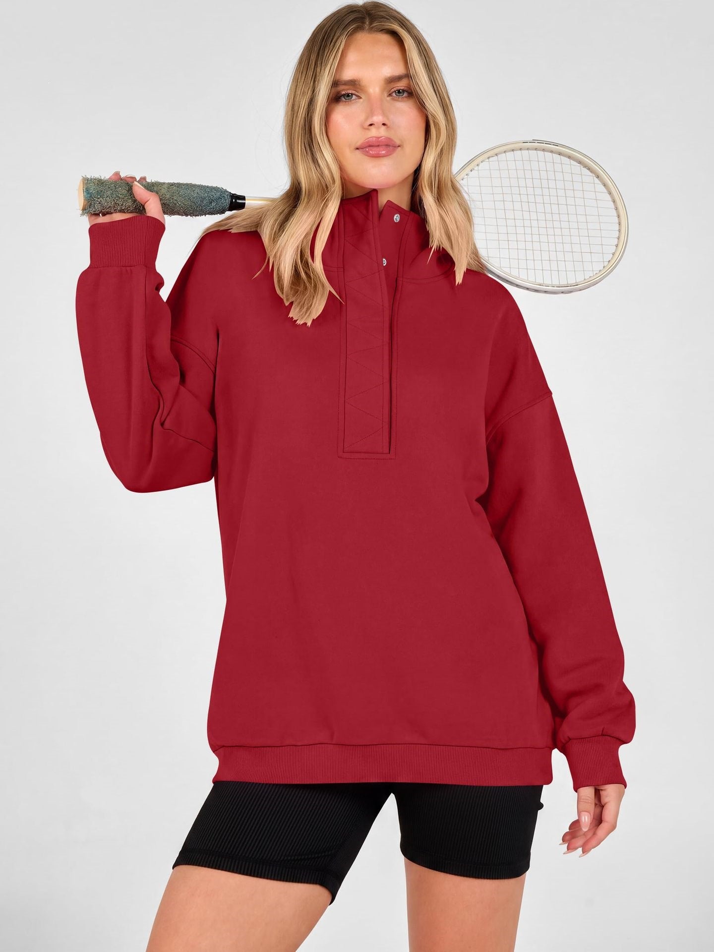 Solid Cotton Blend Hoodie Casual Oversized Snap Neck