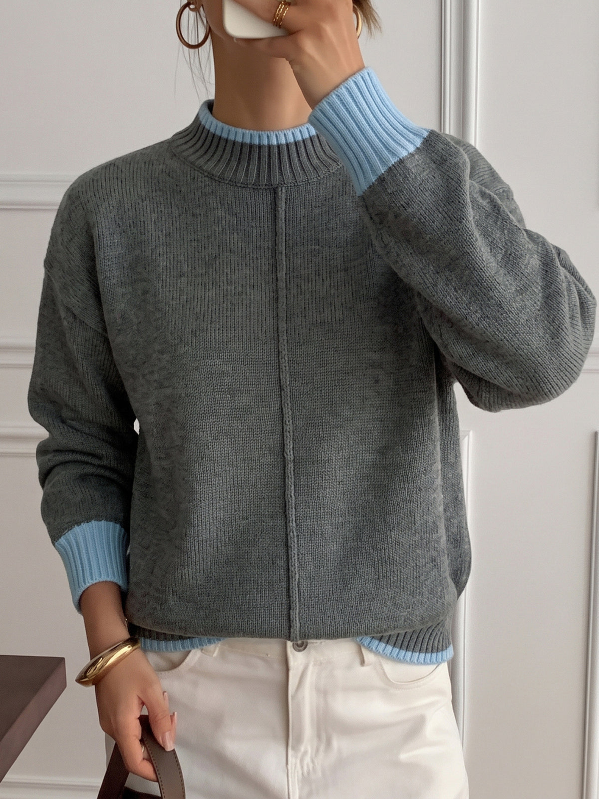 Oversized Color Block Mock Neck Pullover Sweater