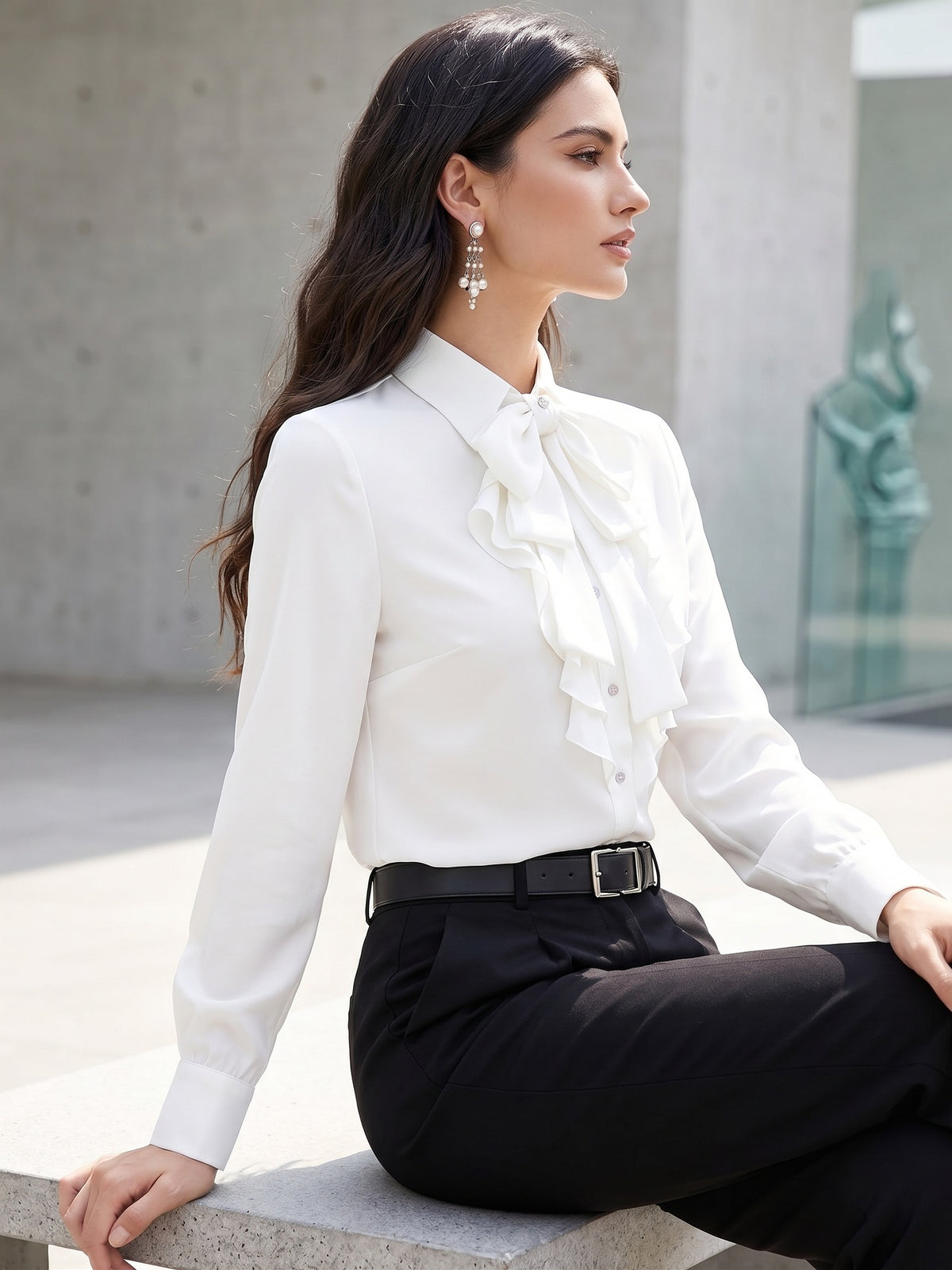 Women's Bow Tie Ruffle Blouse Long Sleeve Office Top