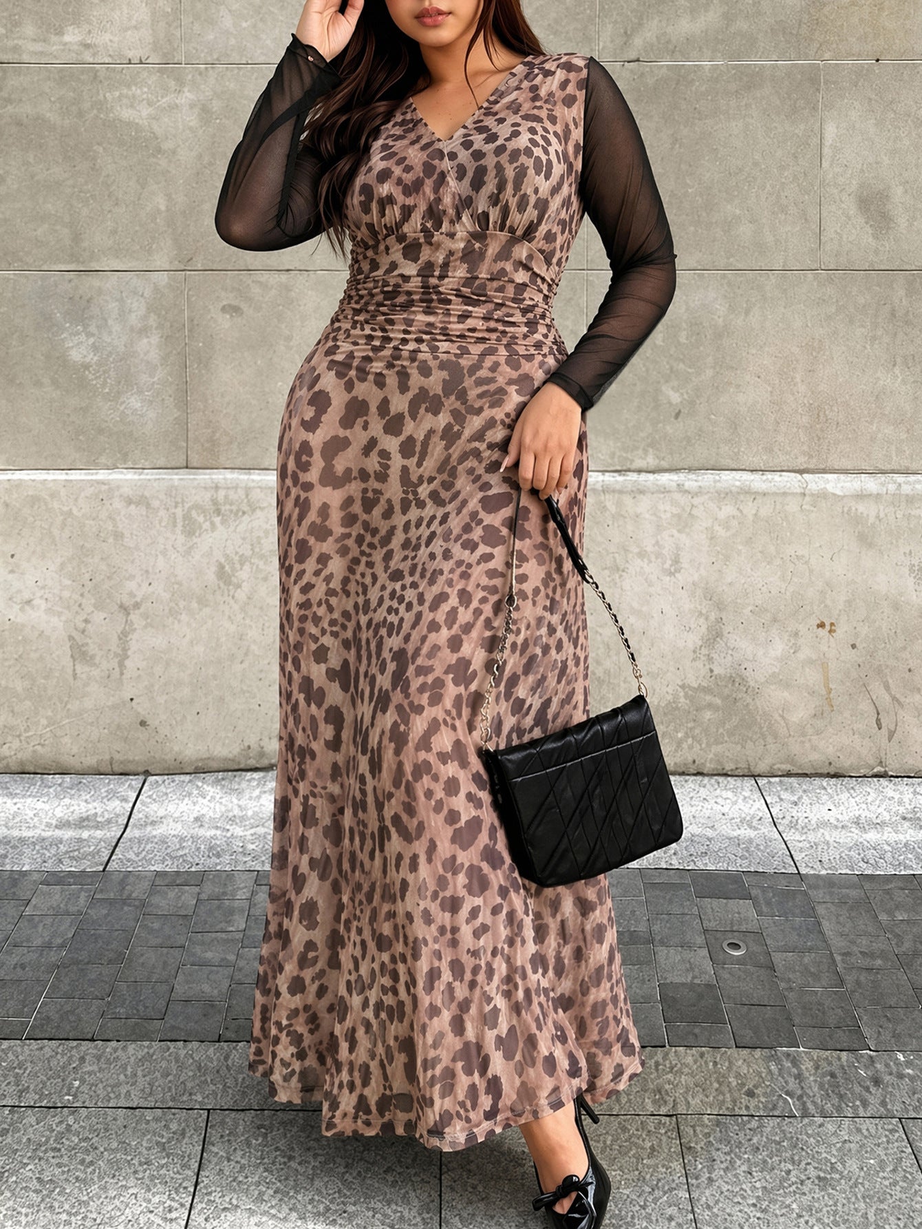 Plus Size Leopard Mesh Sleeve Maxi Dress
