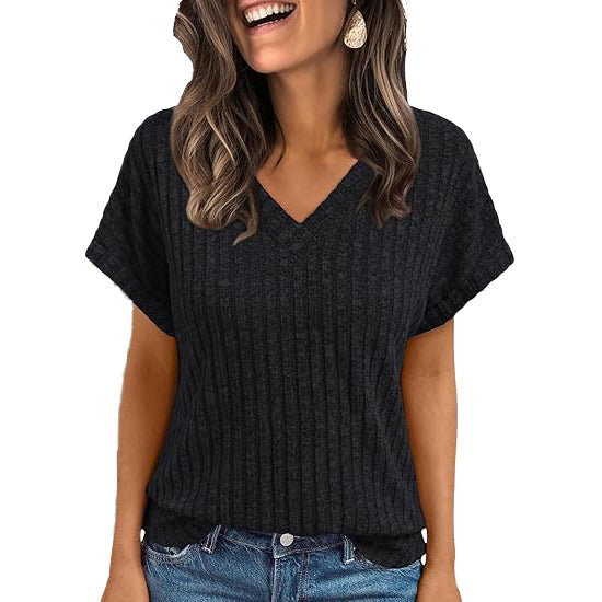 Solid Ribbed T Shirt Casual V Neck Loose Fit