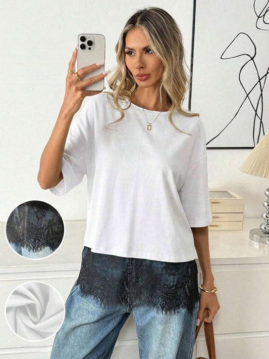 Solid  Lace Trim Loose Fit Short Sleeve Top