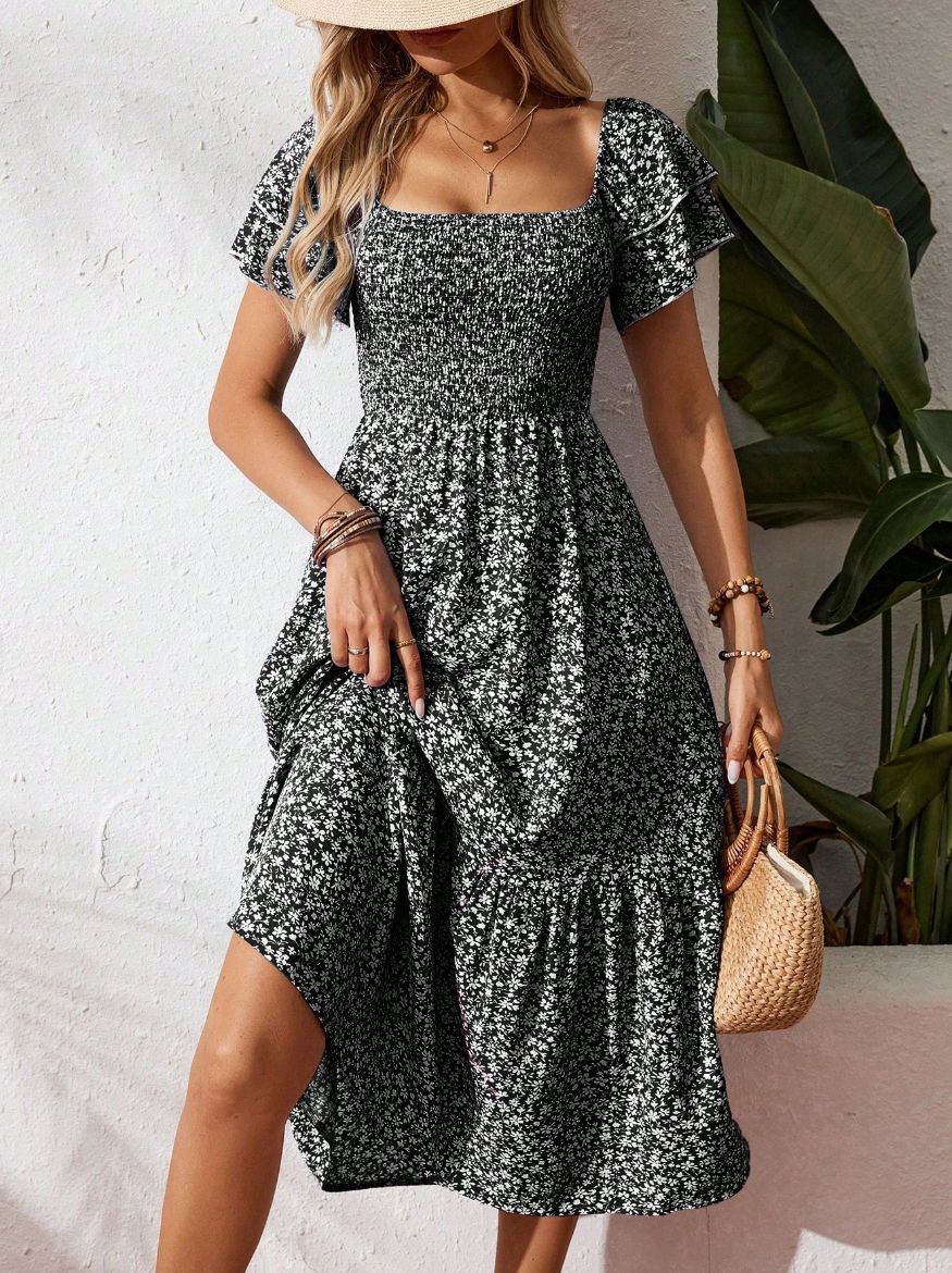 2026 Summer Square Neck Floral Dress for Women, Smocked