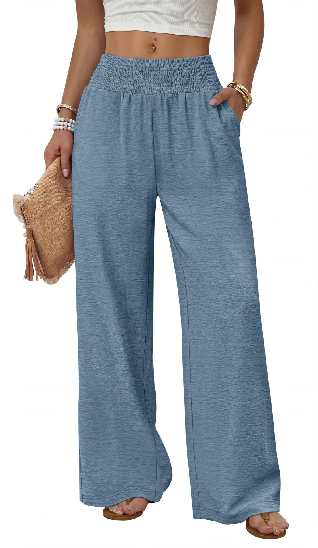 Women's High Waist Smocked Wide Leg Pants with Pockets