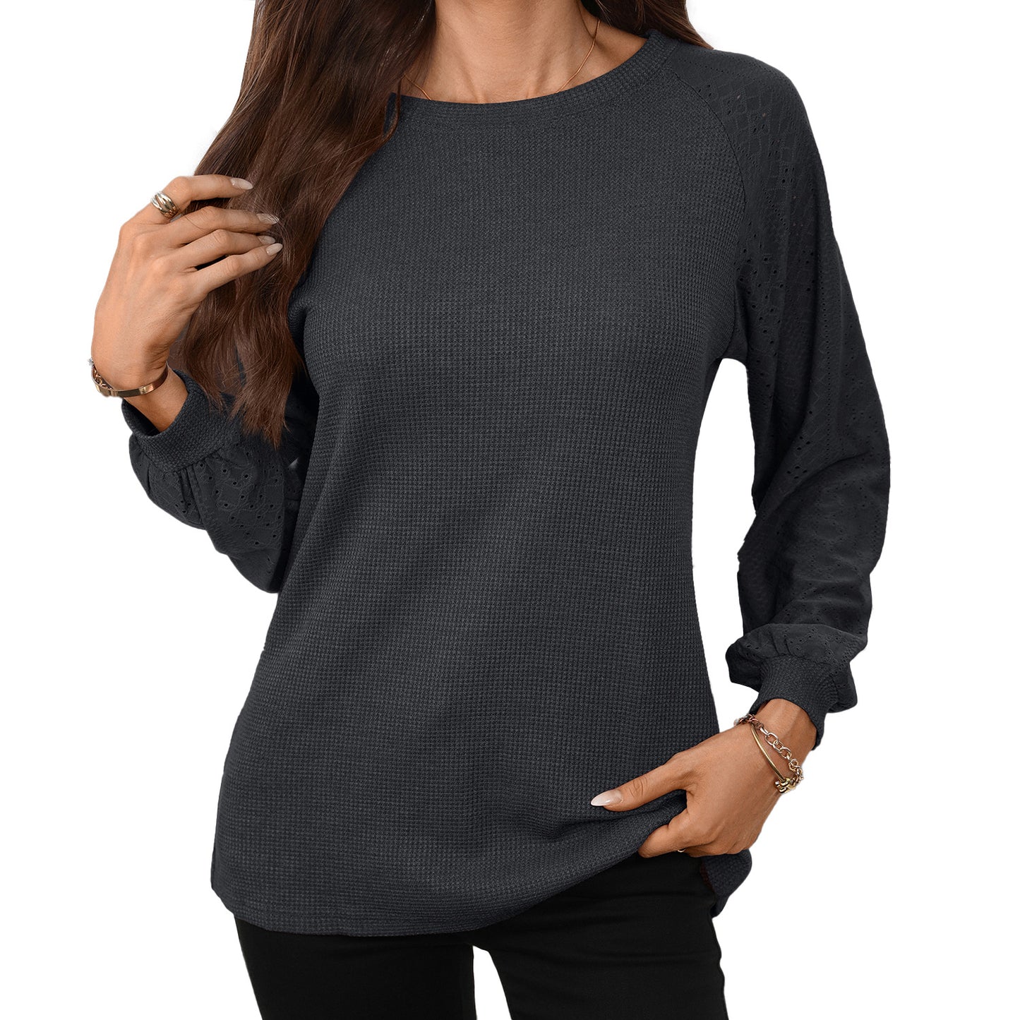 Solid Patchwork Long Sleeve Top Loose Fit Casual Blouse