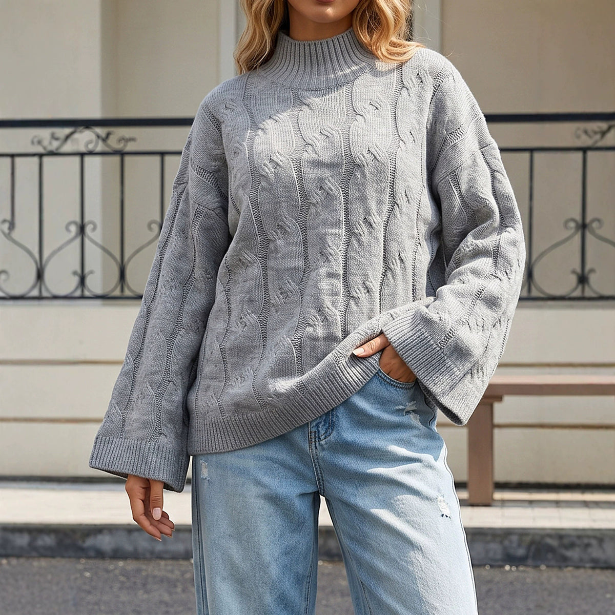 Women's Oversized Cable Knit Mock Neck Sweater