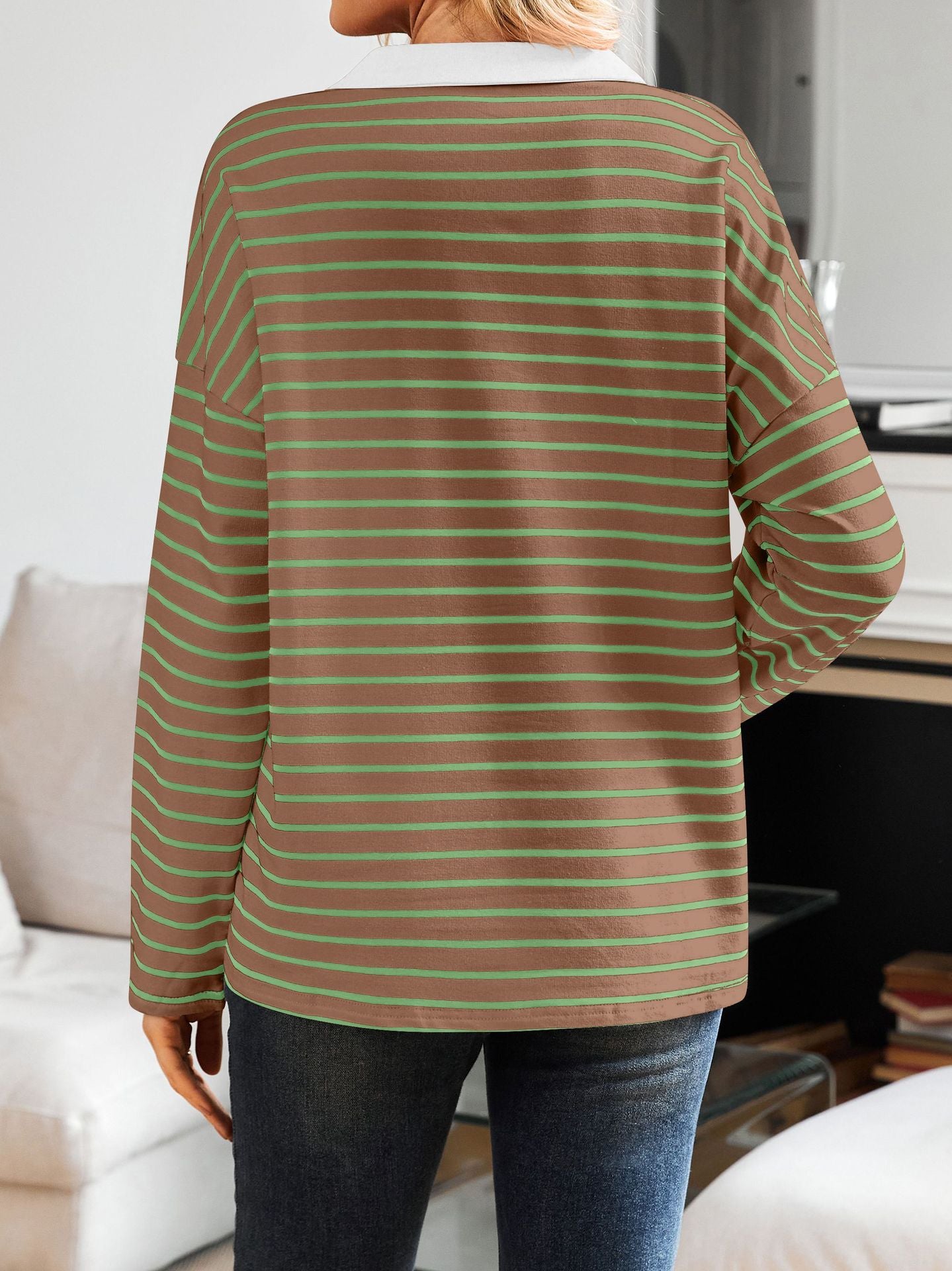 Striped V-neck Loose Sweatshirt Lapel Sweater
