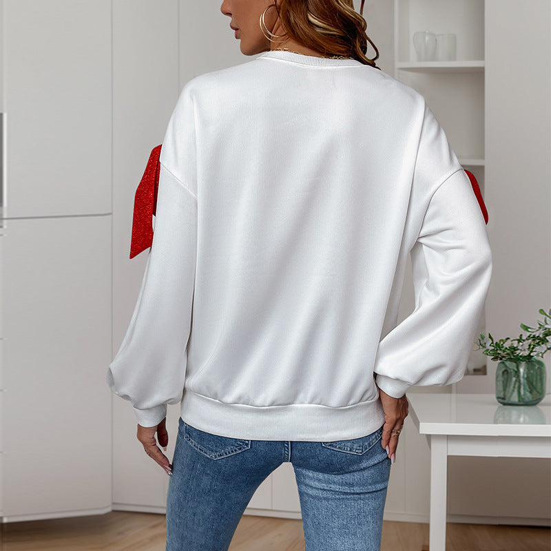 Women's Sweatshirts Top Chirstmas Bow Tie Round Neck Long Sleeve