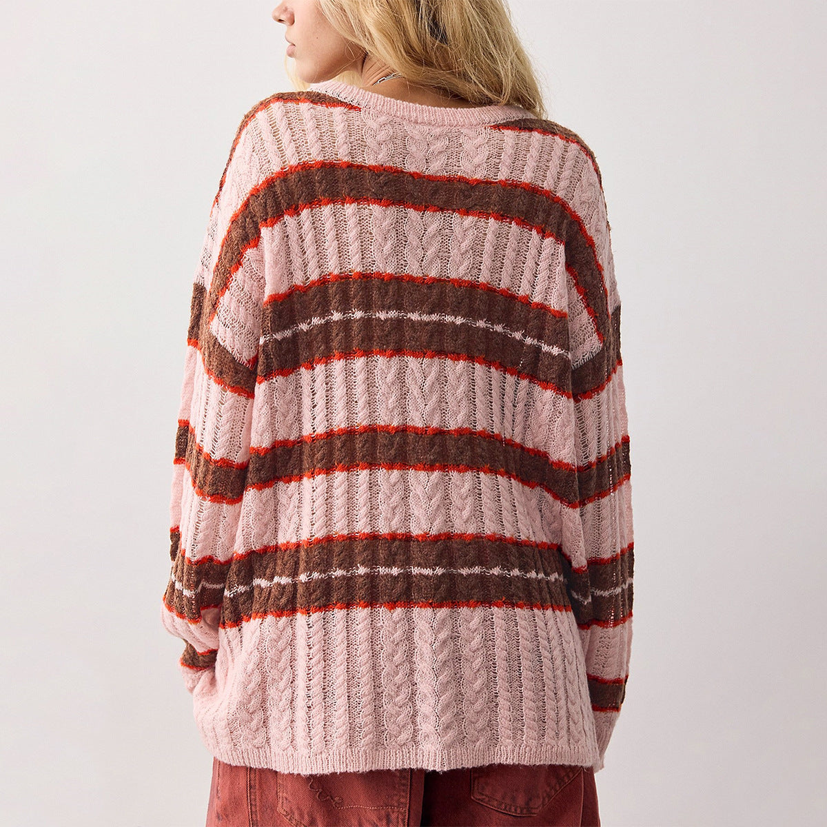 Women's Oversized Cable Knit Striped Crew Neck Sweater