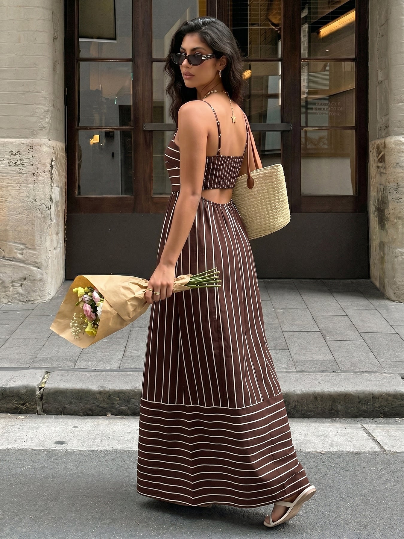 Striped Polyester Maxi Dress Resort Spaghetti Strap