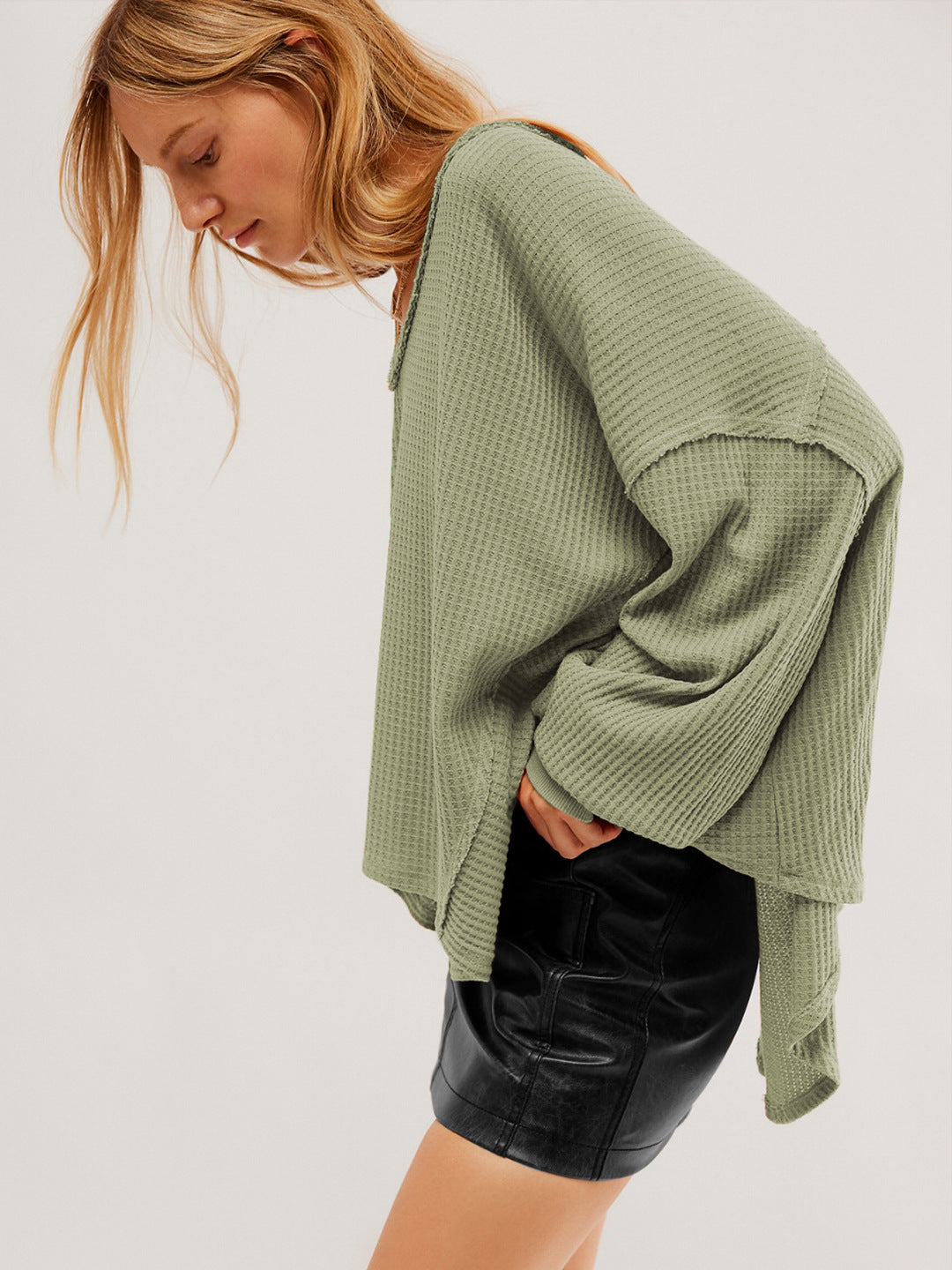 Women's Waffle V Neck Oversized Sweatshirt Casual Pullover