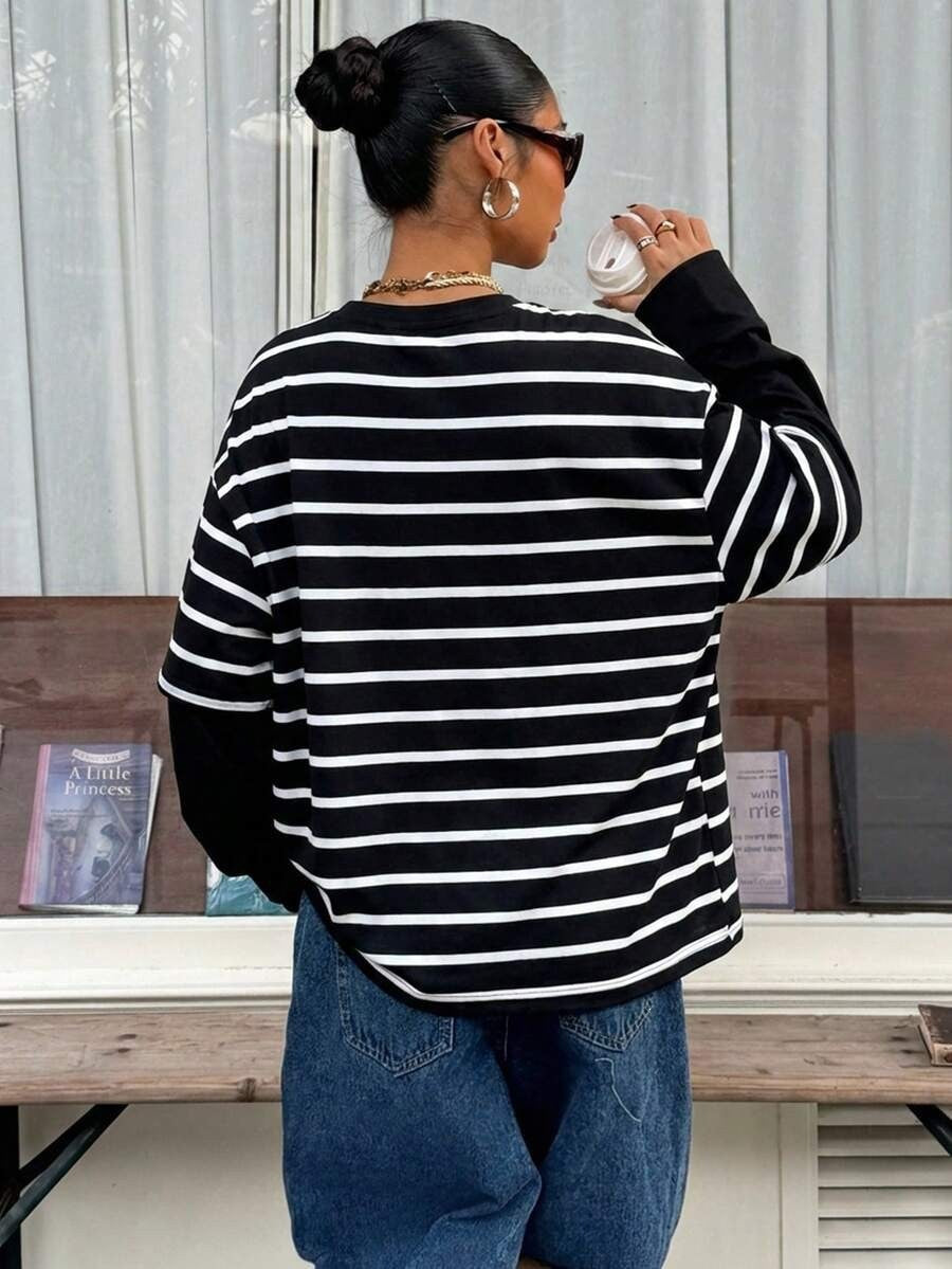 Striped Layered Look Long Sleeve Top Relaxed Fit Casual Tee