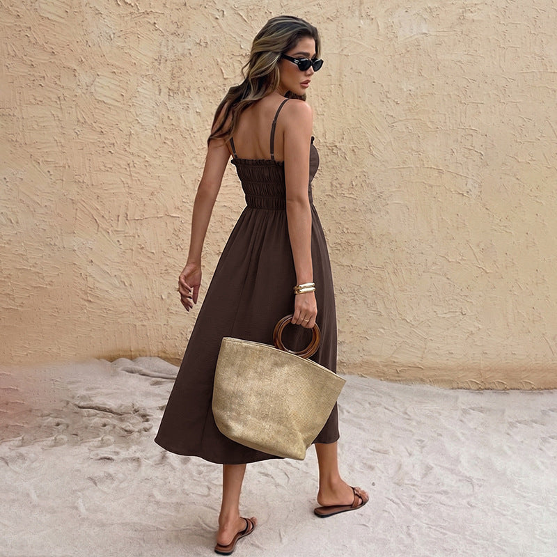 Brown Smocked Waist Maxi Dress Spaghetti Strap Summer