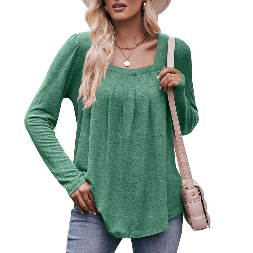 Square Neck Pleated Long Sleeve Casual Knit Top