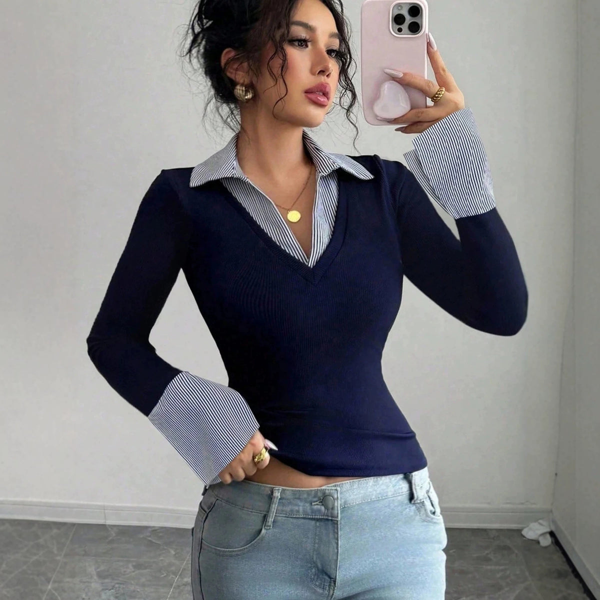 Women's Layered Striped Collar V Neck Flare Cuff Top