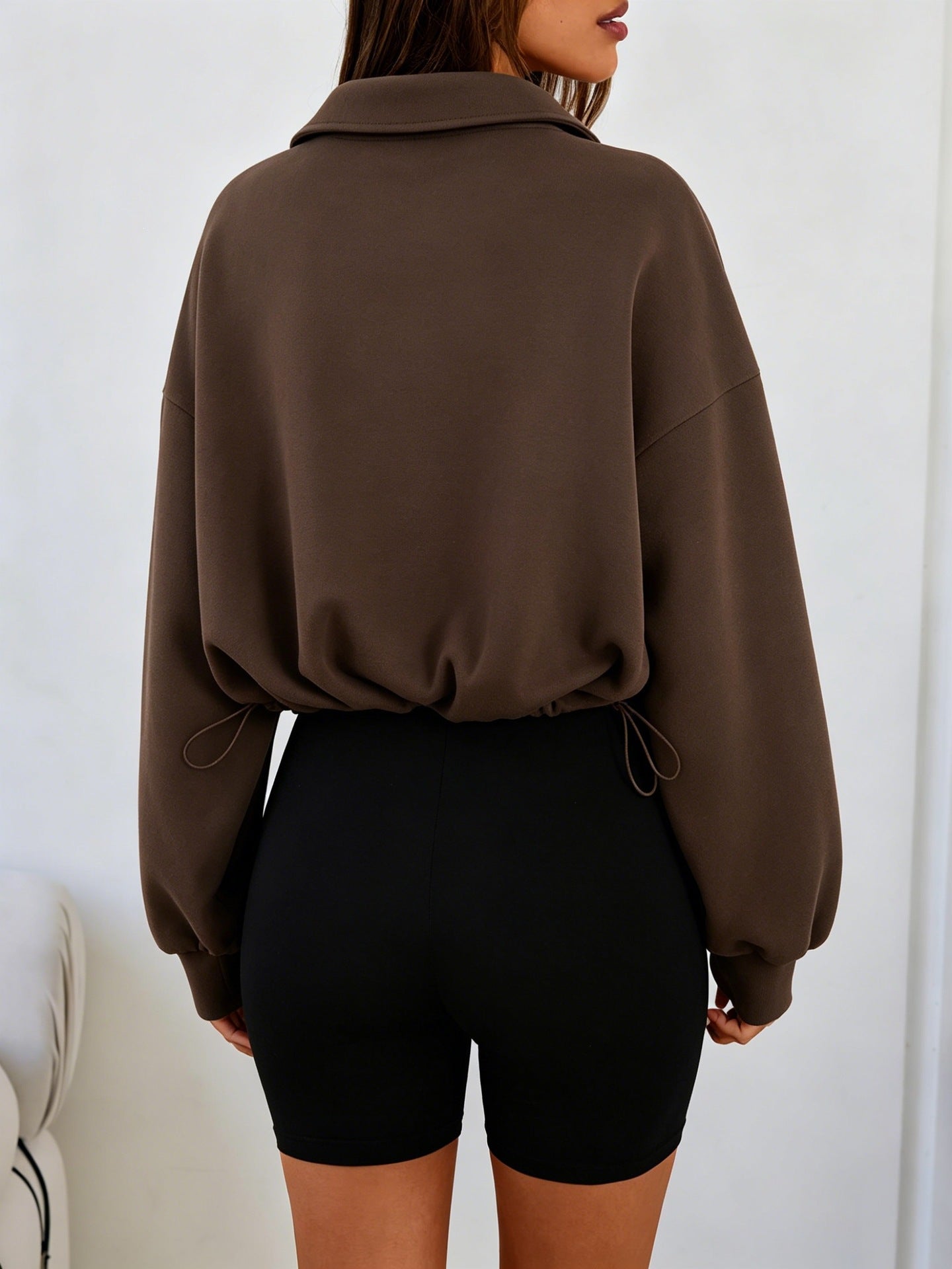 Half-Zip Pullover Sweatshirt Casual Drawstring Cropped Top