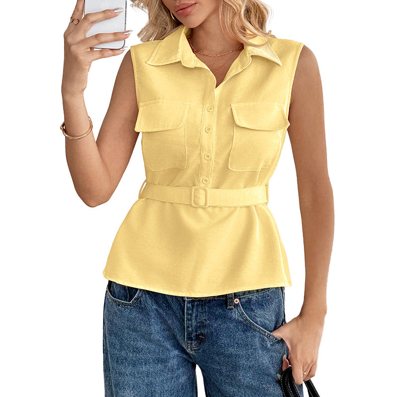 Yellow Sleeveless Belted Collared Button Up Shirt Top