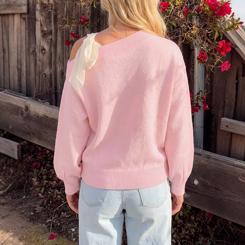 Pink Bow Sweater Asymmetric Cutout Coquette Knit