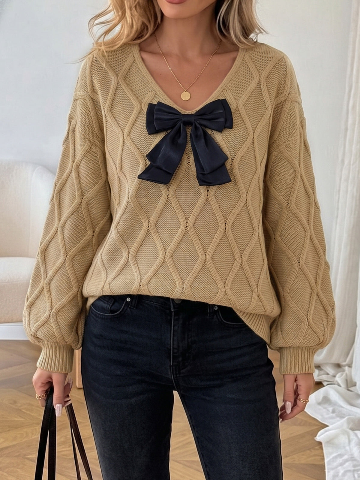 Womens V Neck Bow Sweater Oversized Cable Knit Pullover