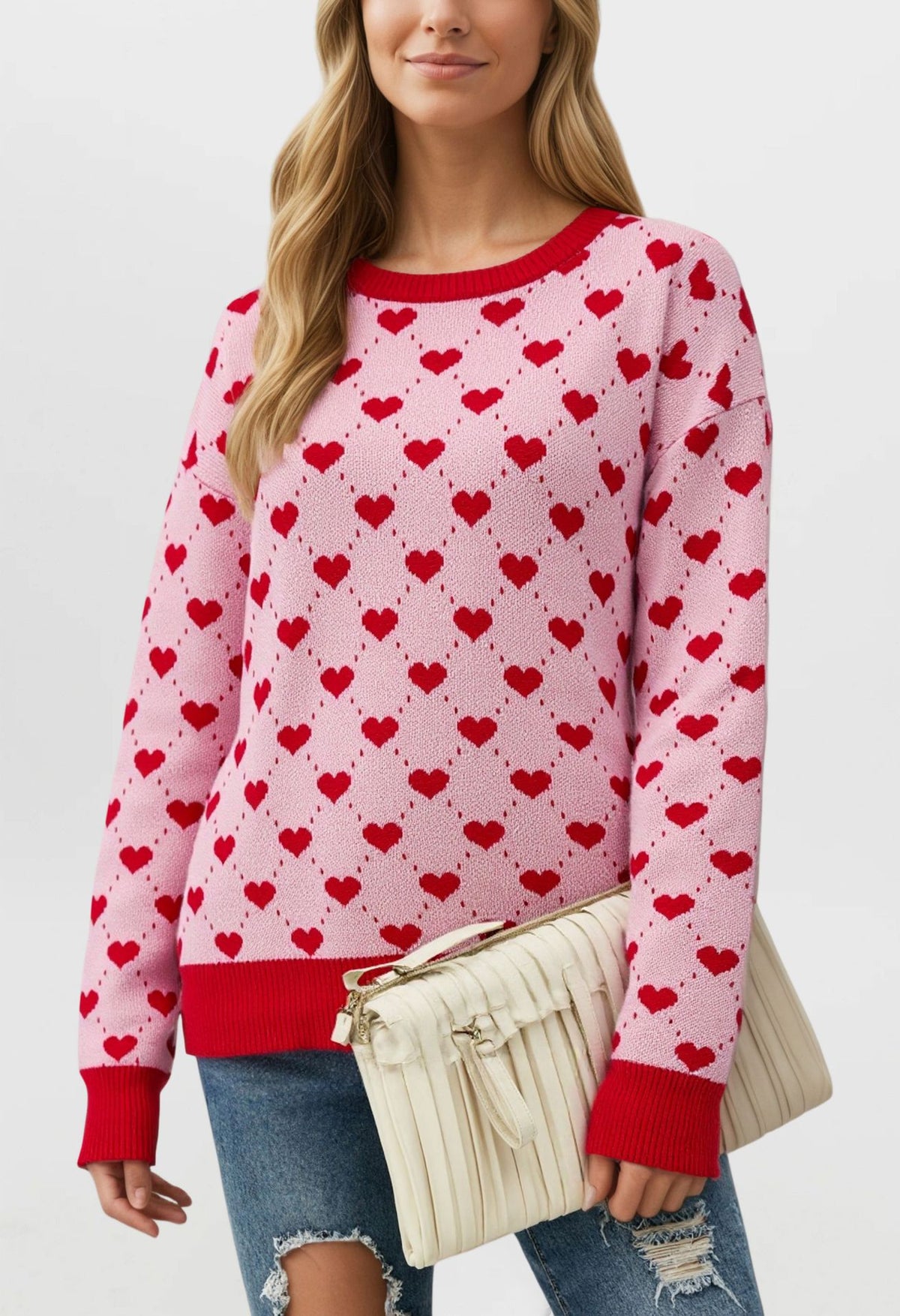 Women's Heart Print Crewneck Sweater Oversized Pullover