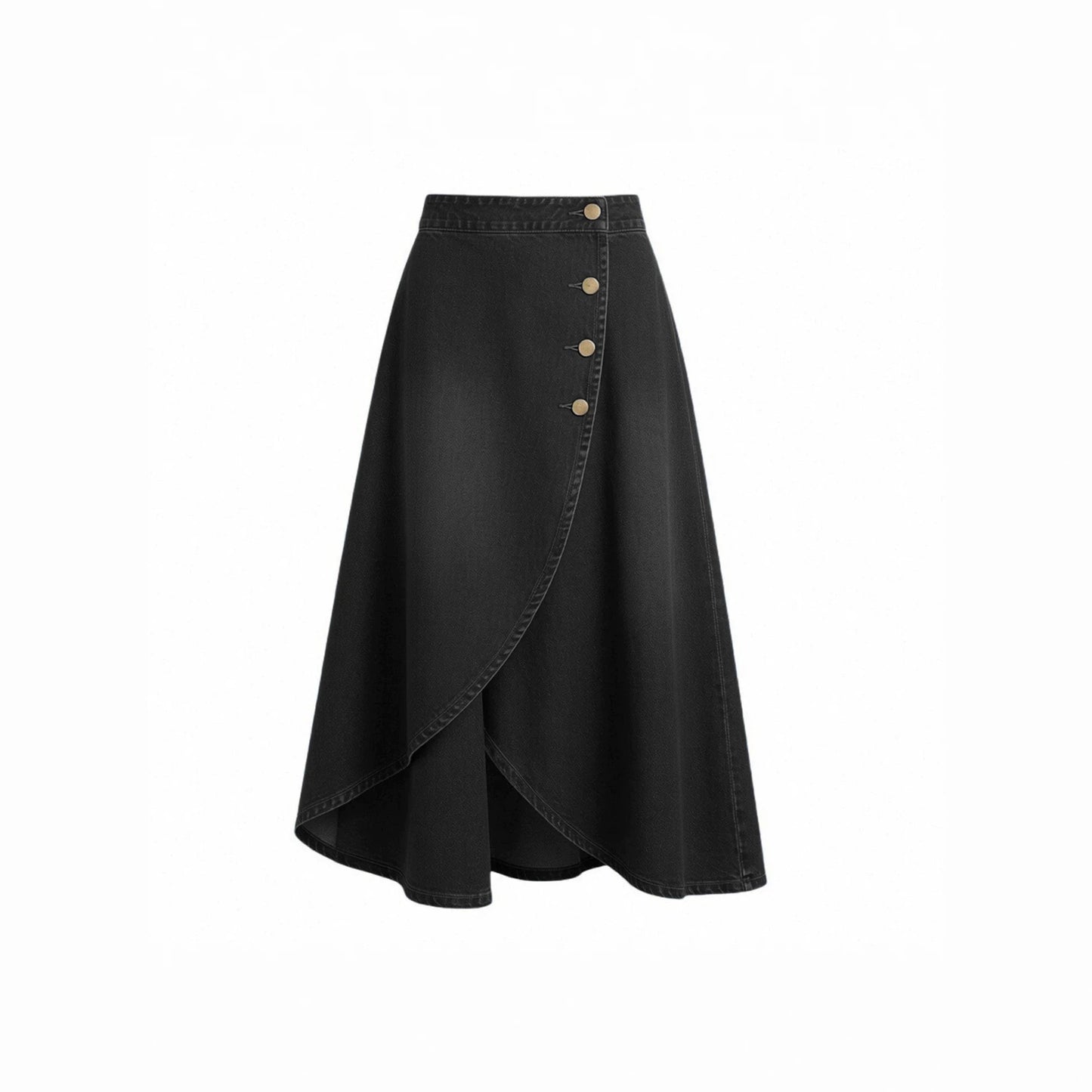 Washed Denim High Waist Asymmetrical Button Midi Skirt