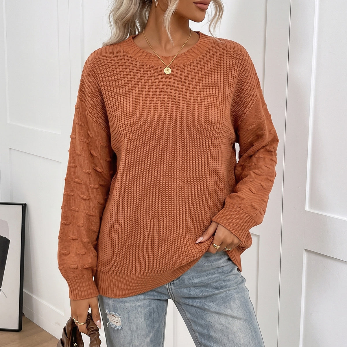 Women's Crewneck Bobble Sleeve Knit Sweater