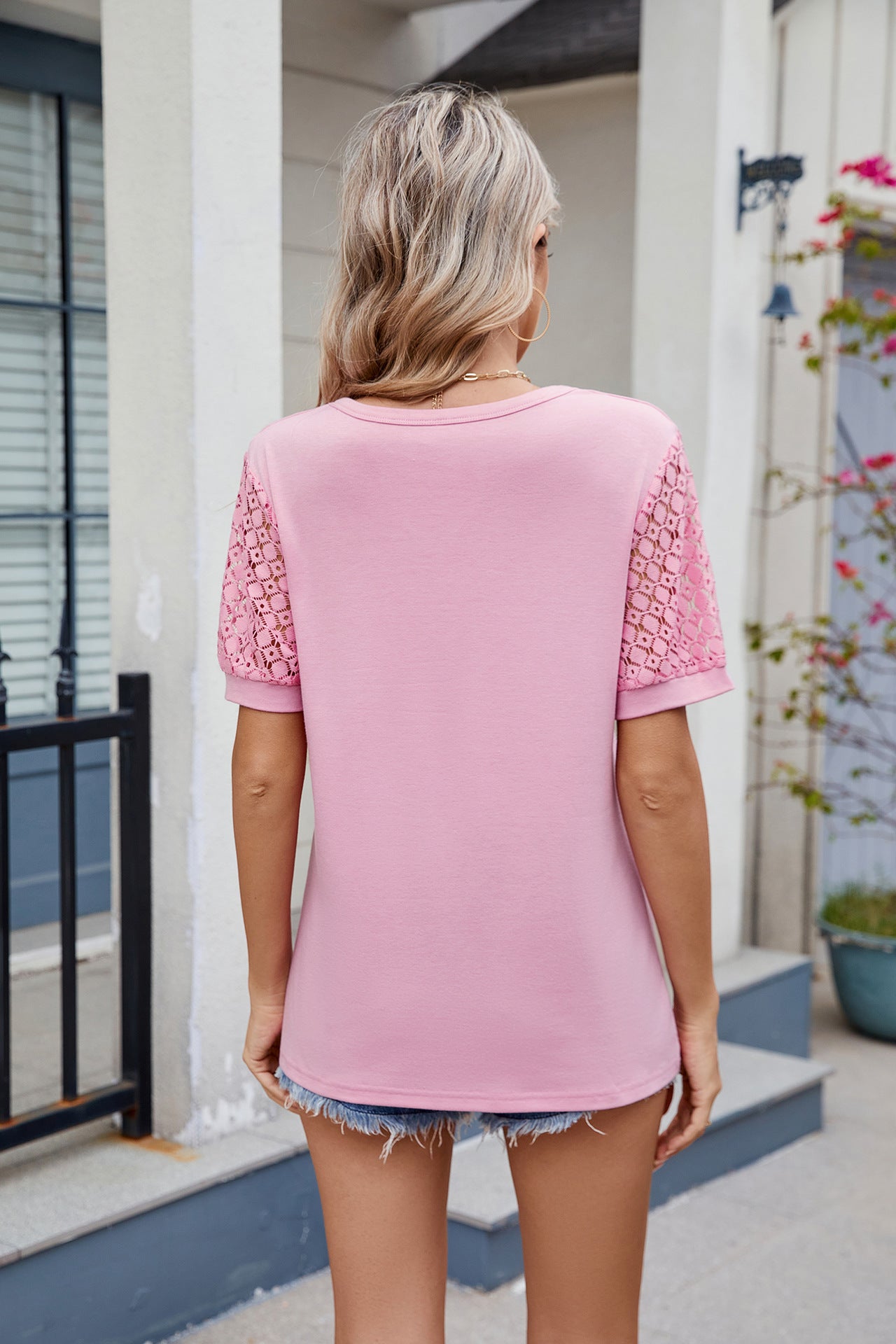 V-Neck Lace Sleeve Relaxed Fit Short Sleeve Top