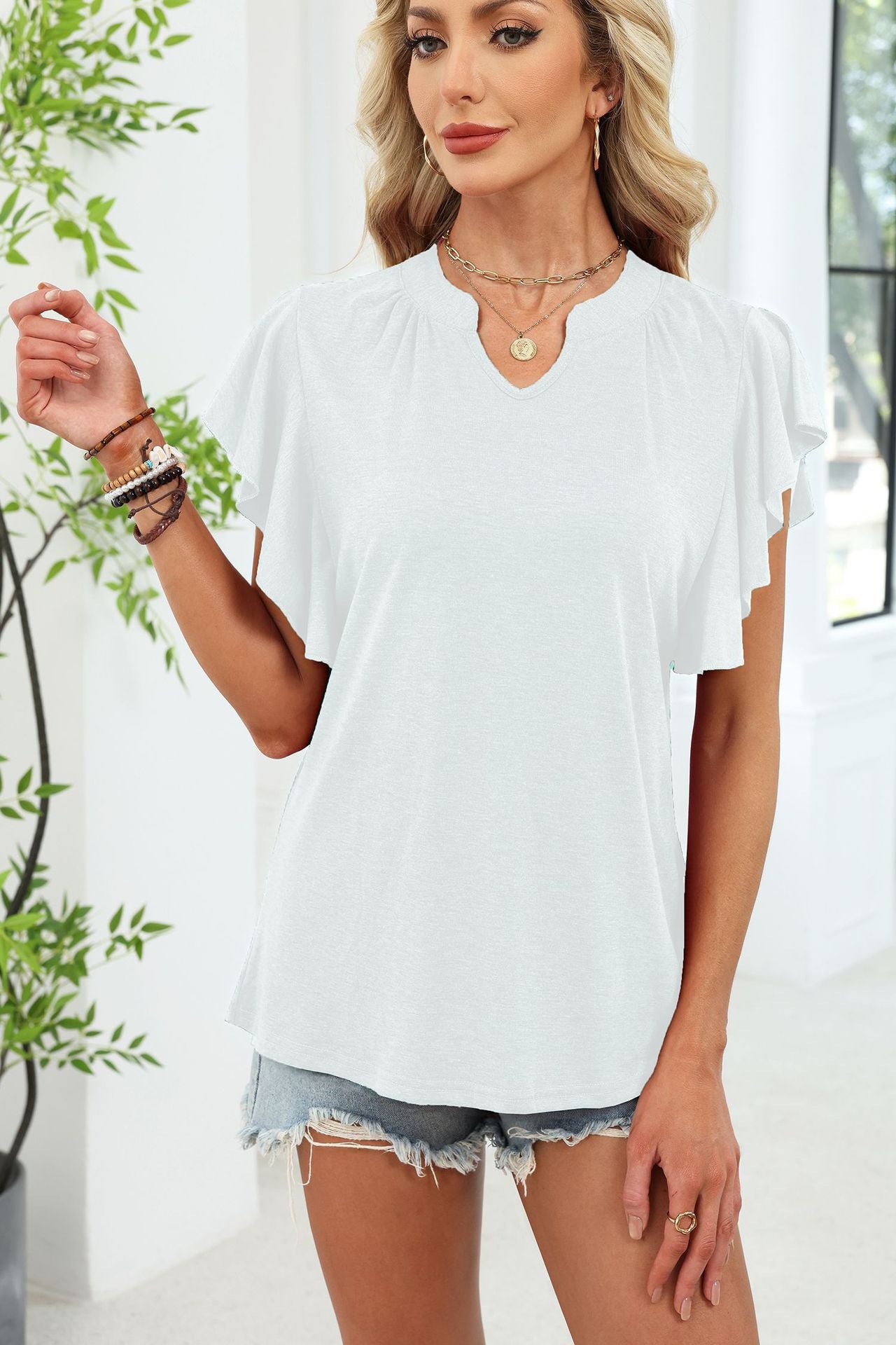 Women's V Neck Flutter Sleeve Loose Fit Casual Summer Tee