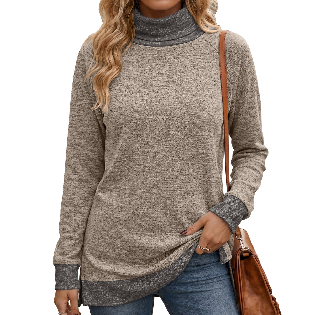 Color Block Turtleneck Long Sleeve Side Split Tunic Top