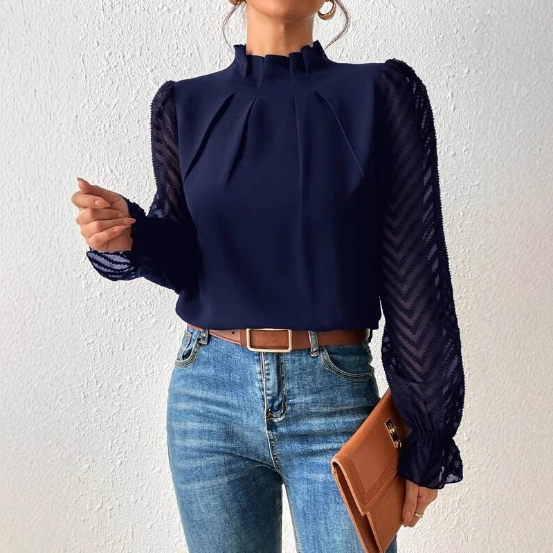 Chiffon High Neck Sheer Sleeve Blouse Elegant Top