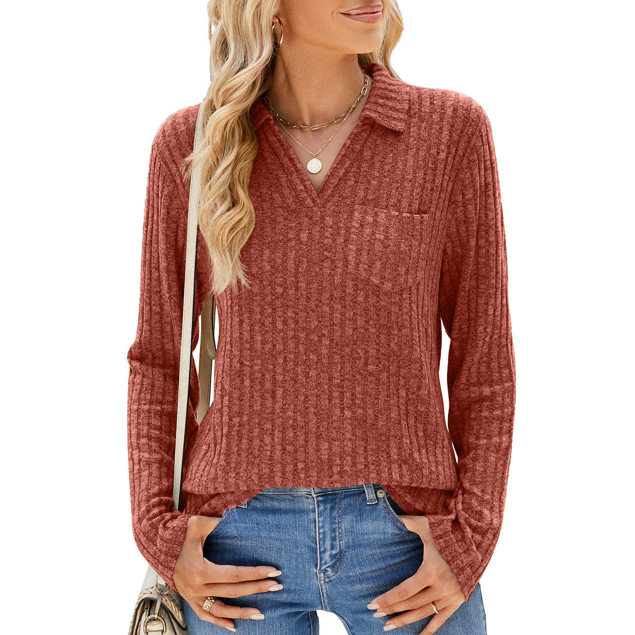 Women's Ribbed Knit Collared Pocket Long Sleeve Top