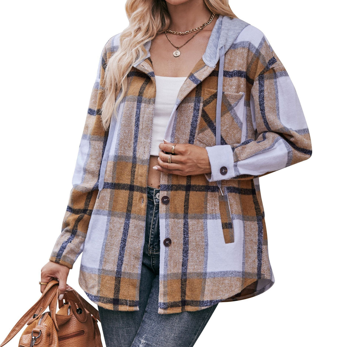 Women's Hooded Plaid Shacket Oversized Shirt Jacket