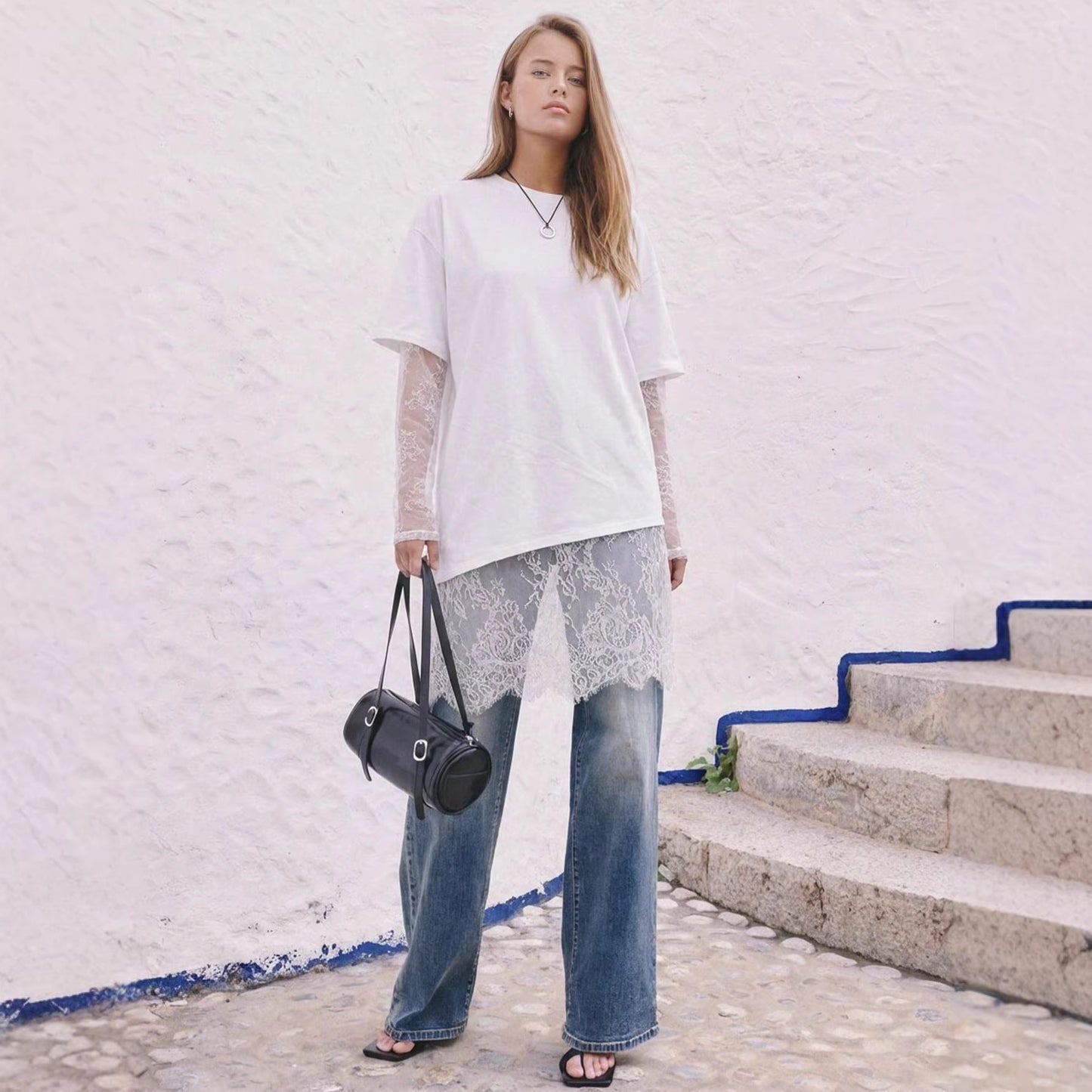 Women Lace Patchwork Sheer Sleeve Loose T Shirt