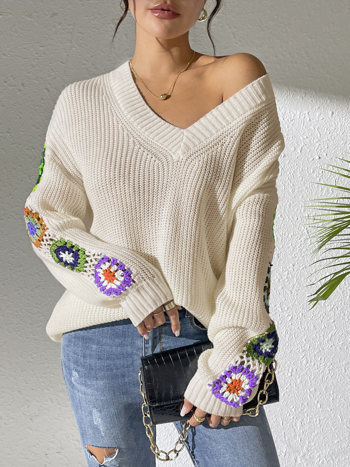 Women's Crochet Patchwork V-Neck Knit Sweater