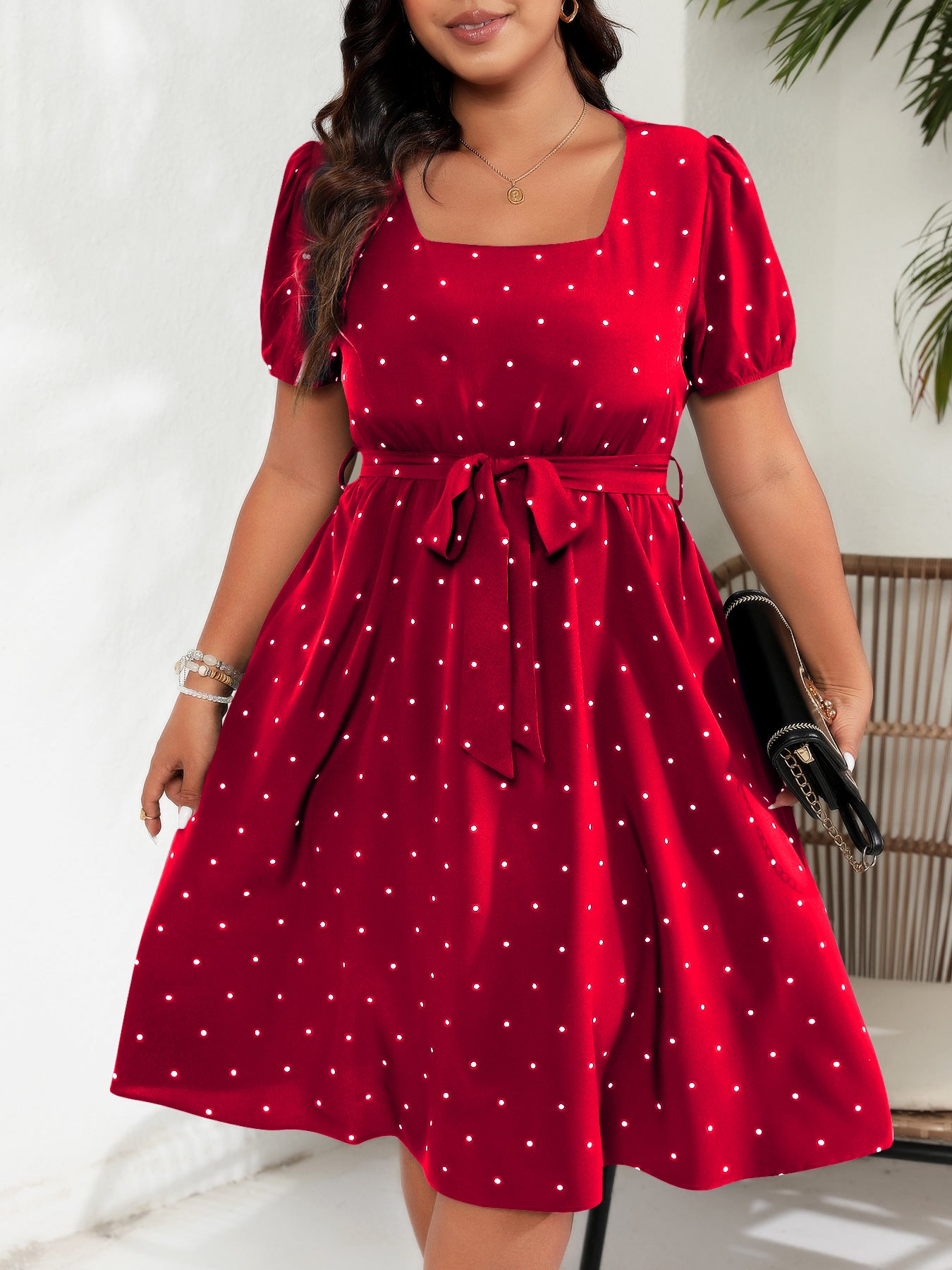 Plus Size Tie Waist Polka Dot Midi Dress