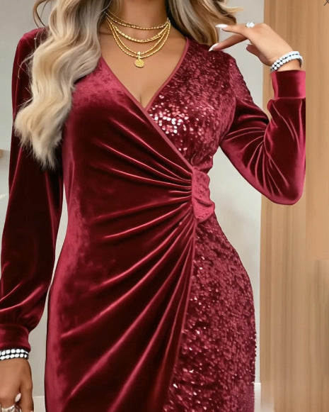 Sequin Velvet Wrap Mini Dress Ruched V Neck