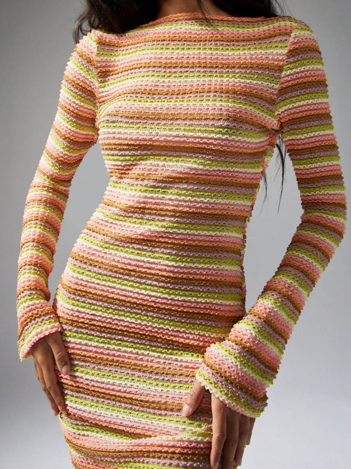 Sexy Striped Crochet Backless Bell Sleeve Mini Dress