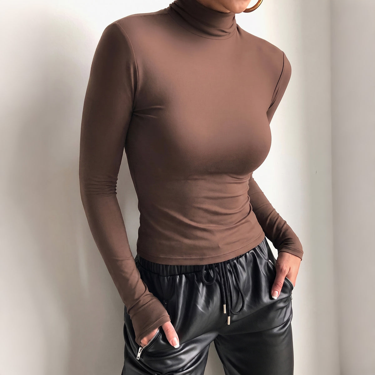 Brown Mock Neck Long Sleeve Fitted Crop Top