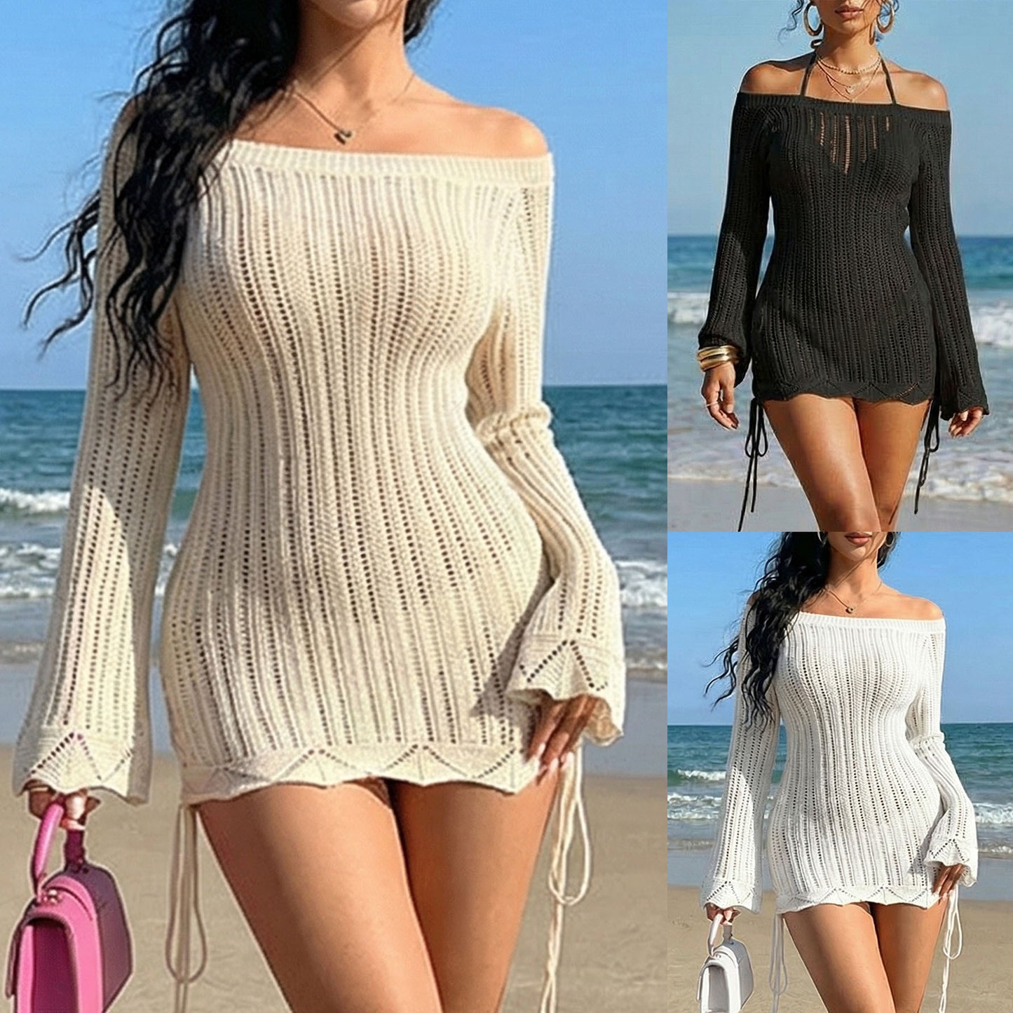 Off Shoulder Knit Drawstring Beach Cover Up Dress