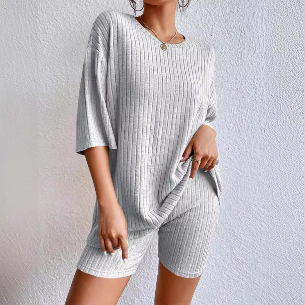 Ribbed Knit Two Piece Set Oversized Top & Biker Shorts