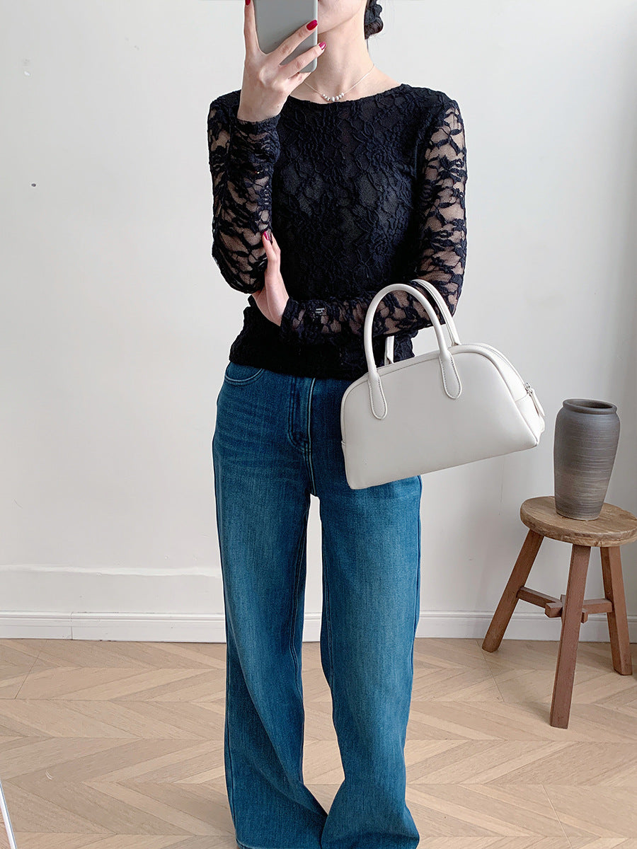 Women's Sheer Blouse Lace Long Sleeve Fitted U Neck Top