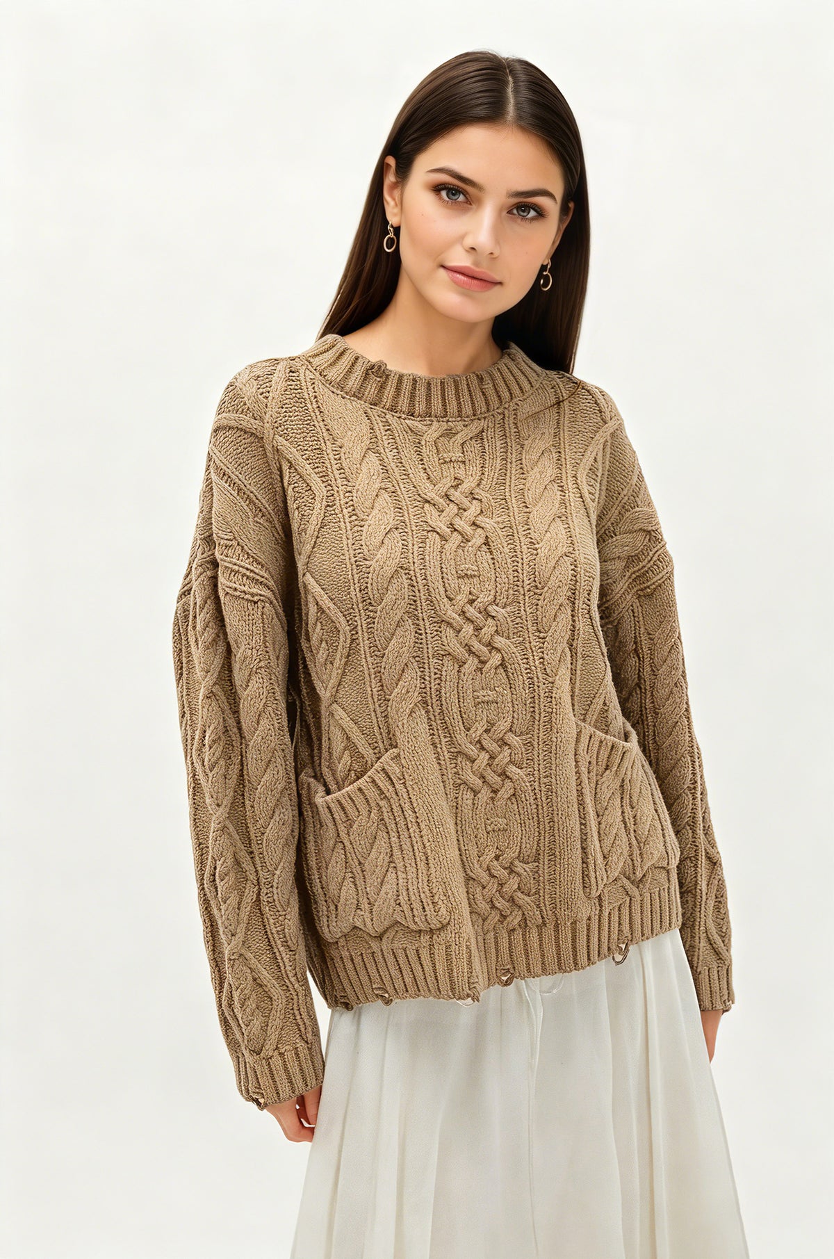 Women's Oversized Cable Knit Pullover Sweater with Pocket