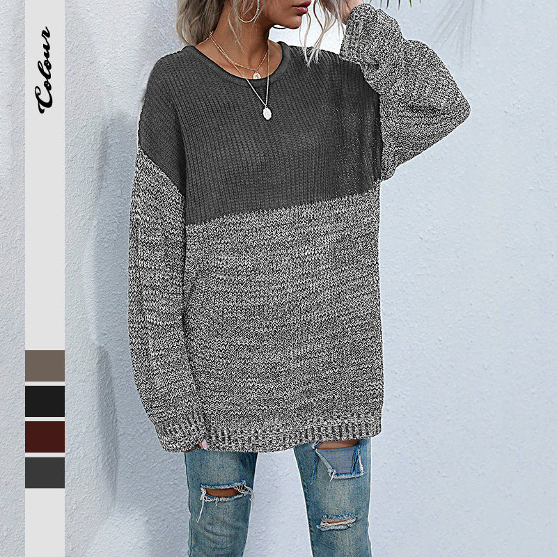 Color Block Round Neck Long Sleeve Knit Sweater Top