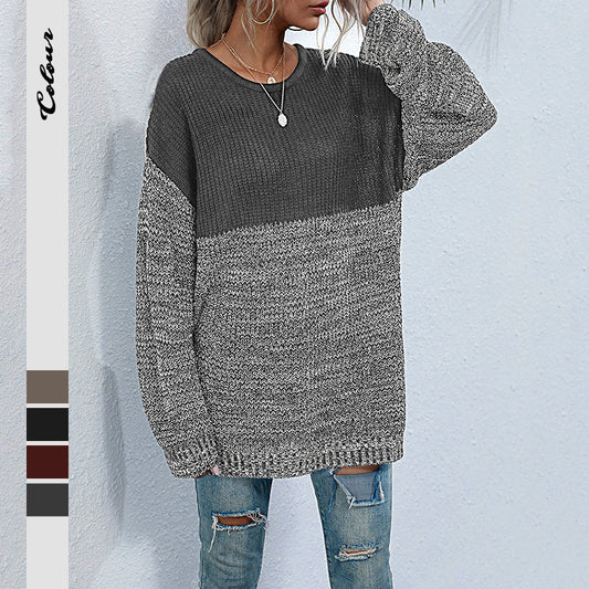 Color Block Round Neck Long Sleeve Knit Sweater Top