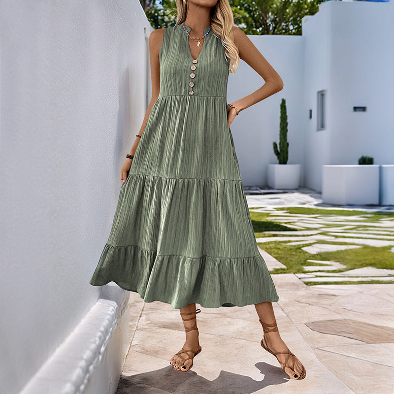 Solid Crinkle Dress Casual V Neck Tiered