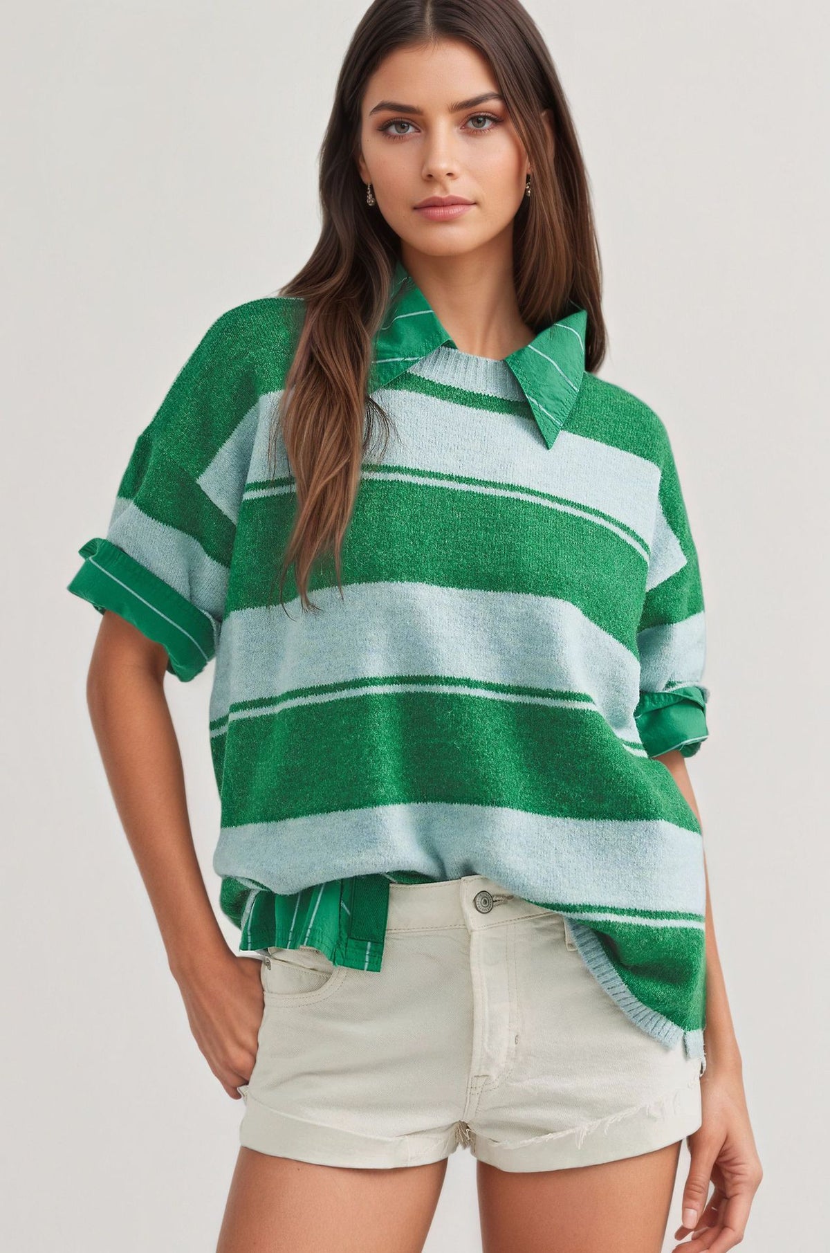 Women's Oversized Striped Crewneck Knit Half Sleeve Sweater