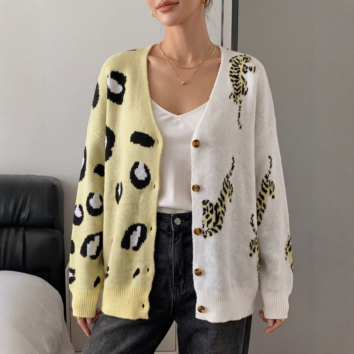 Color Block Leopard Print V-Neck Button Cardigan Sweater