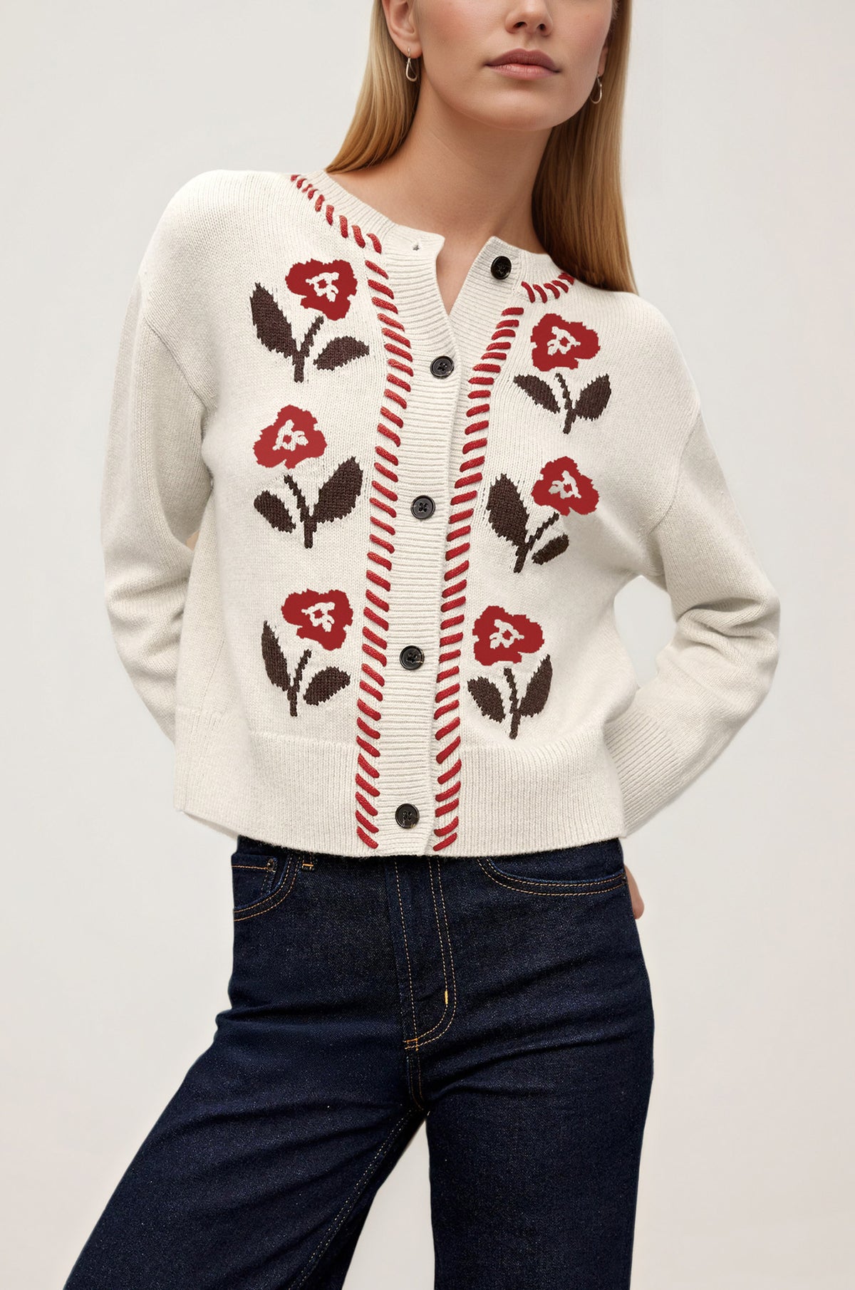 Women's Vintage Floral Knit Cardigan Button Front Sweater