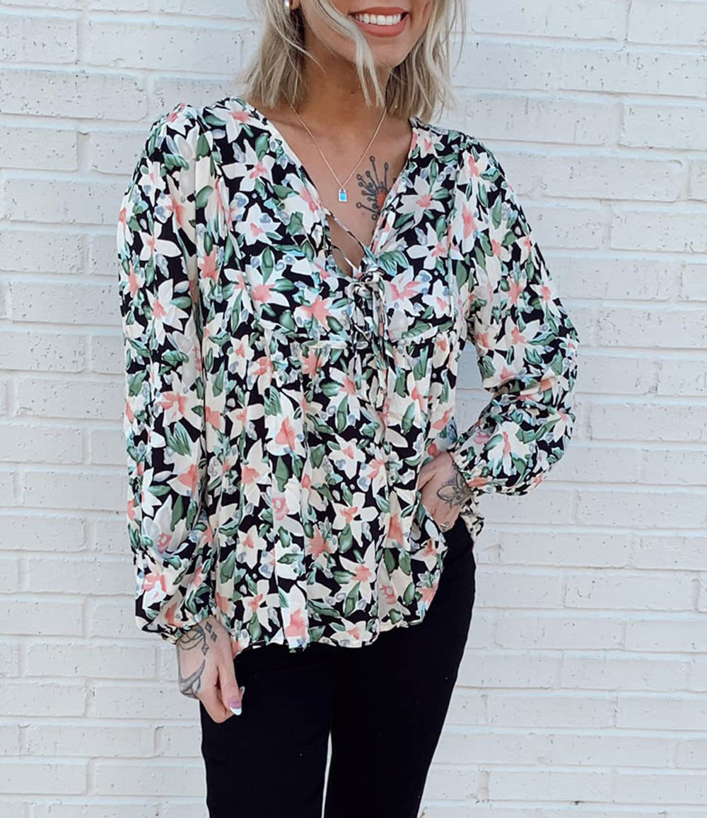 Floral Tie Neck Blouse Ruffle Long Sleeve Relaxed Fit