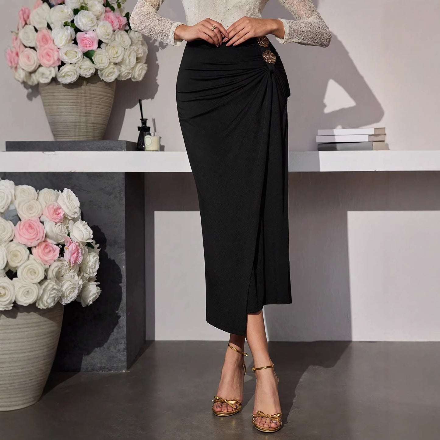 Black Ruched High Waist Midi Skirt with Gold Accent Detail